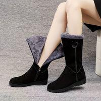 Womens Mid Calf Winter Boots with a Plush Cuff, Lining and Flat Sole in Black, Space Gray or Red Size 5