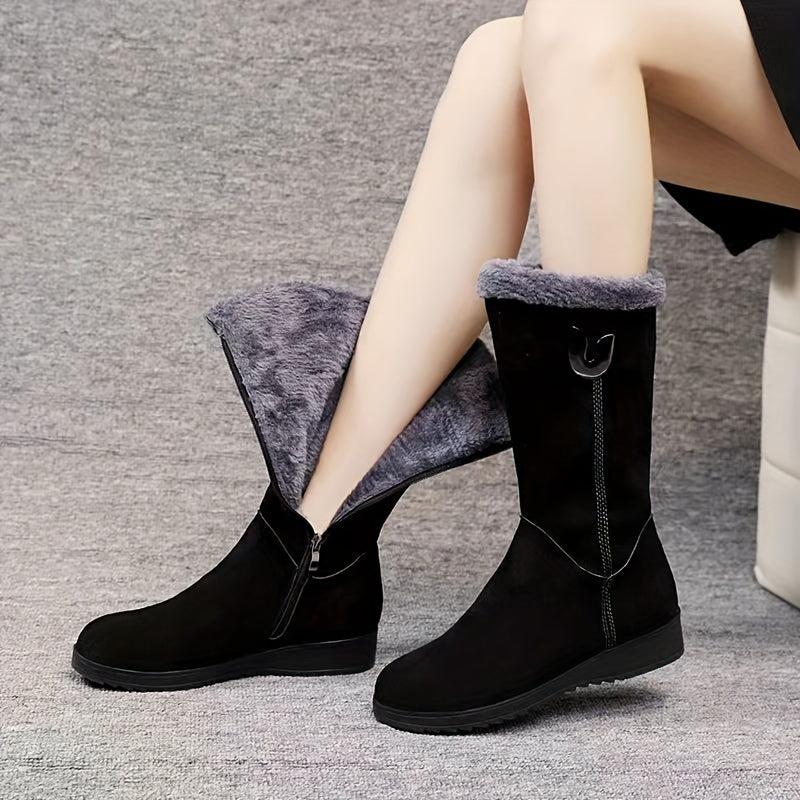 Womens Mid Calf Winter Boots with a Plush Cuff, Lining and Flat Sole in Black, Space Gray or Red Size 5