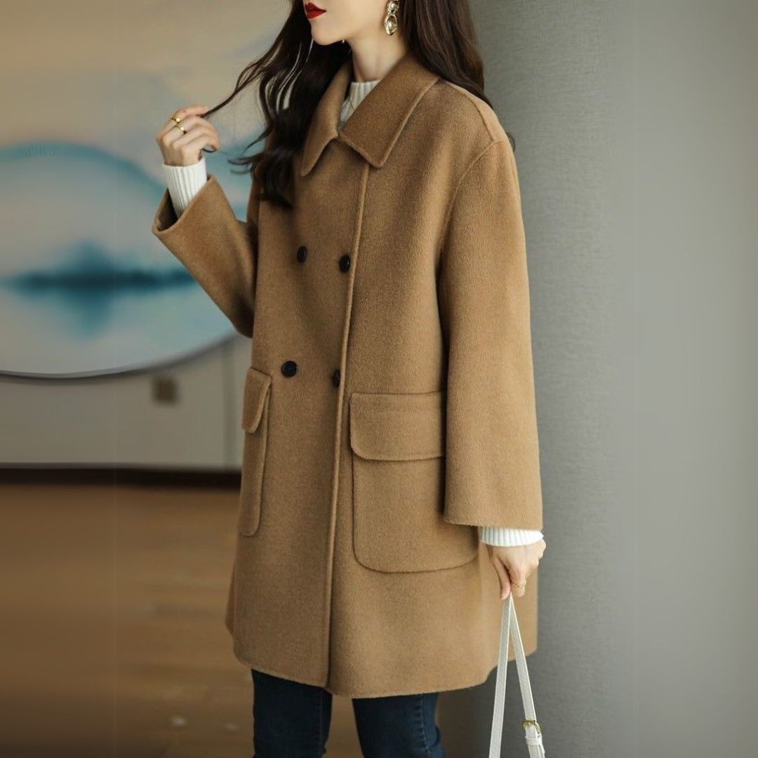 Formal Coat with Double Breasted Button Front and Structured Shoulders, Hip Pockets