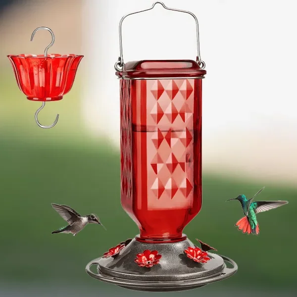 Glass Hummingbird Feeder with a 24 Ounce Capacity, Six Flower Shaped Ports and an Ant Moat in Red or Purple
