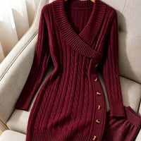 Pullover Cable Knit Dress with Crossover V Neckline and Side Button Details