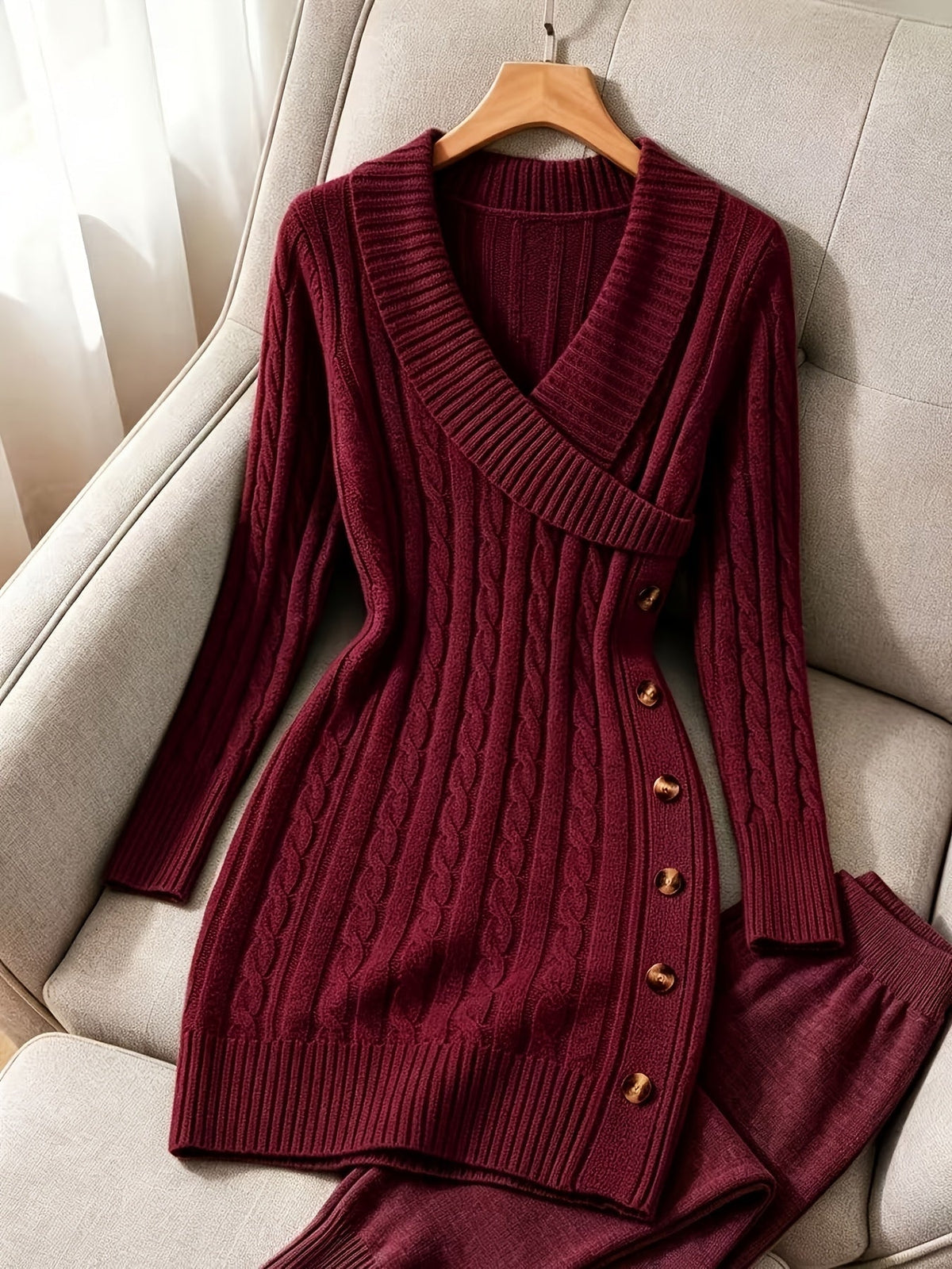 Pullover Cable Knit Dress with Crossover V Neckline and Side Button Details