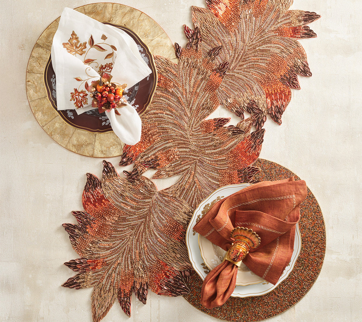 Cornucopia Napkin Ring with Raised Pumpkins, Berries and Leaves, Set of 4
