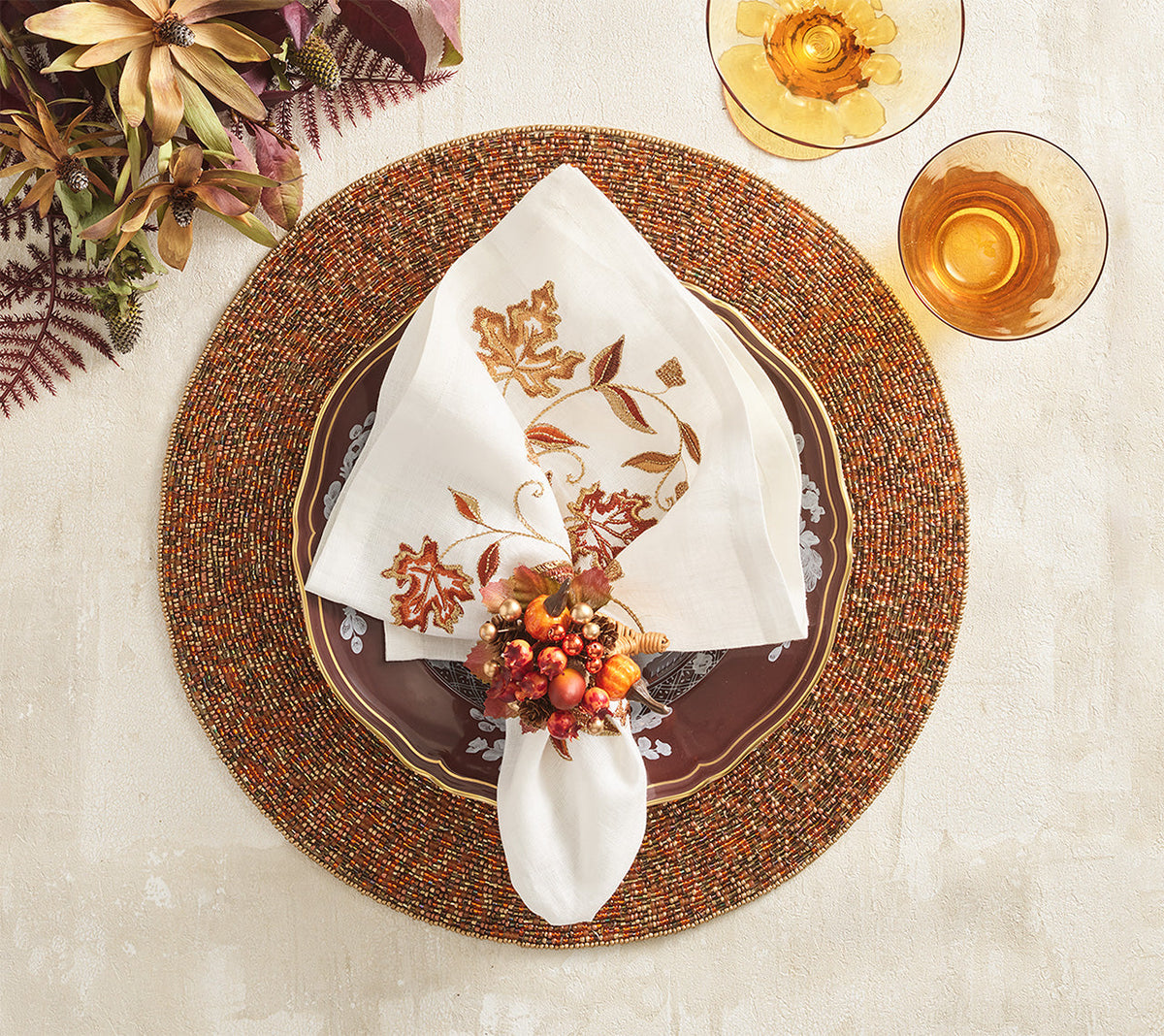 Cornucopia Napkin Ring with Raised Pumpkins, Berries and Leaves, Set of 4