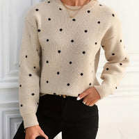 Polka Dot Crew Neck Sweater with Light Stretch and Soft Warm Knit for Fall and Winter