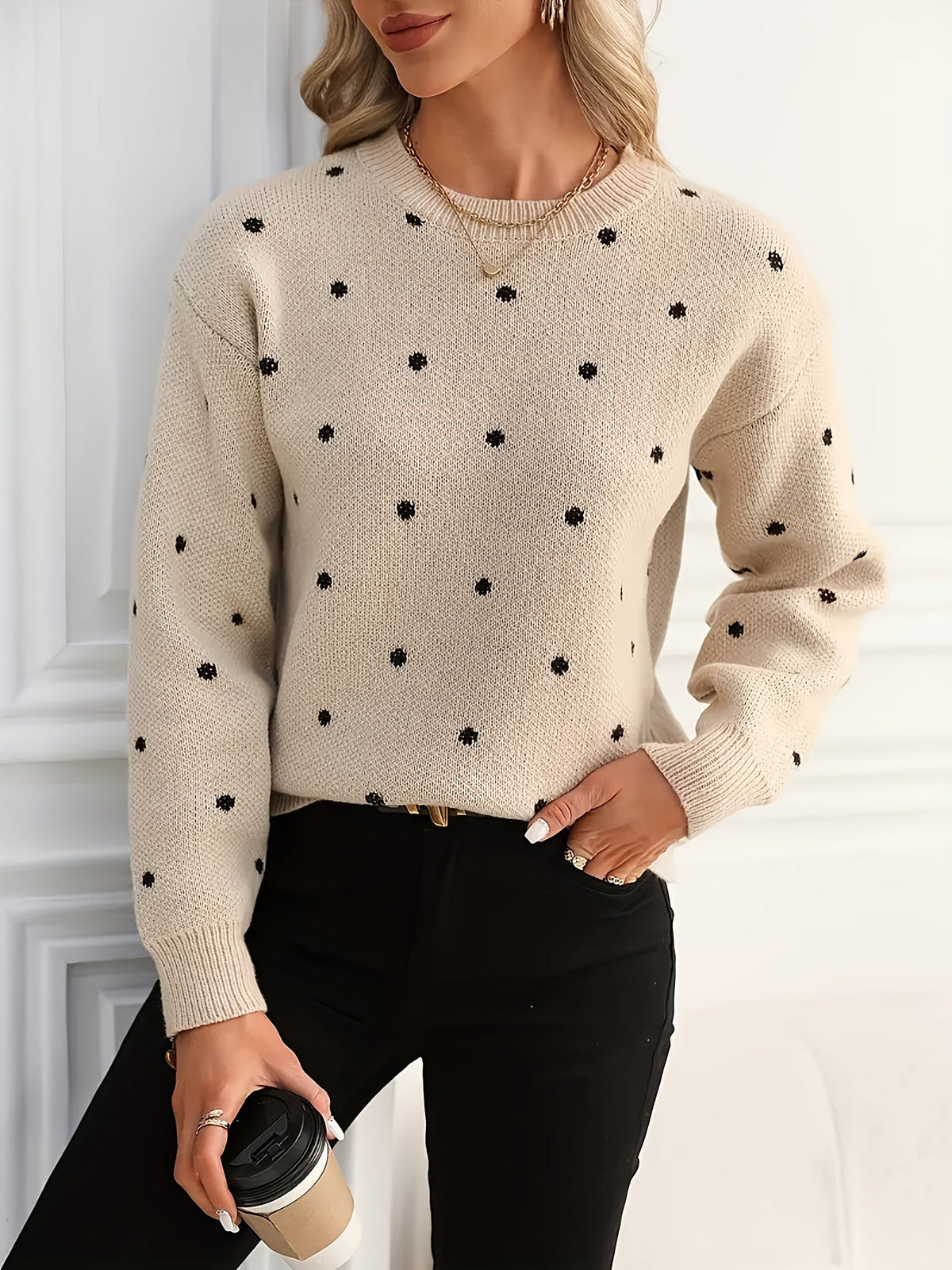 Polka Dot Crew Neck Sweater with Light Stretch and Soft Warm Knit for Fall and Winter