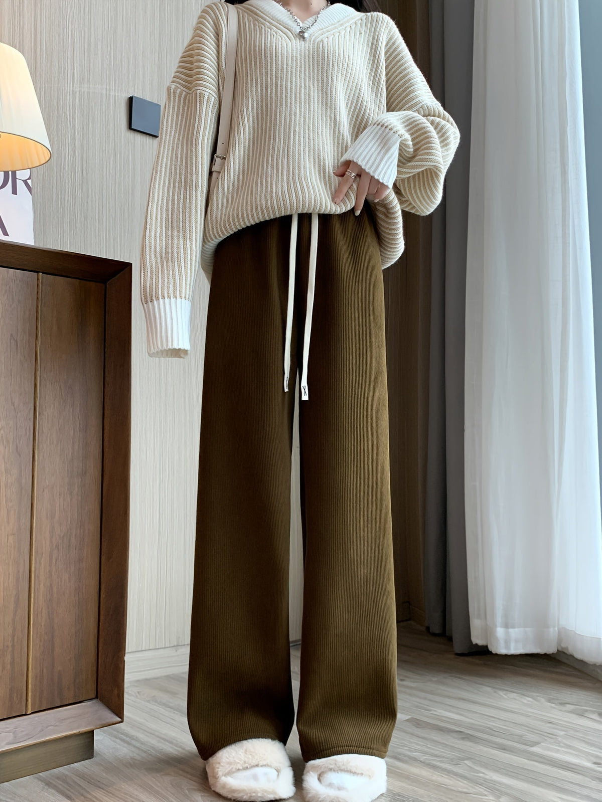 Wide Leg Lounge Pants with Thermal Lining and Elastic Waistband
