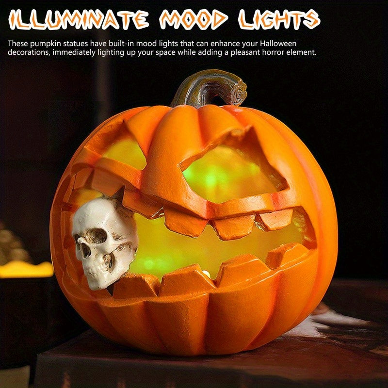 Jack O'Lantern Resin Ornament with Skull Detail and Carved Pumpkin Face