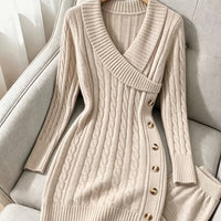 Pullover Cable Knit Dress with Crossover V Neckline and Side Button Details