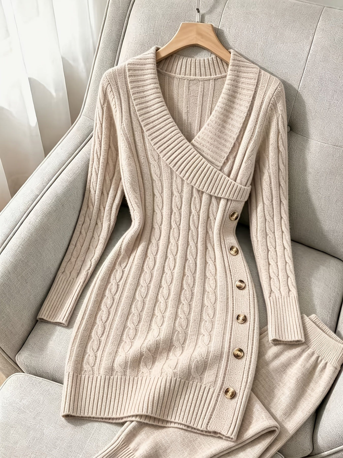 Pullover Cable Knit Dress with Crossover V Neckline and Side Button Details