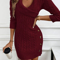 Pullover Cable Knit Dress with Crossover V Neckline and Side Button Details