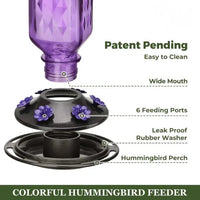 Glass Hummingbird Feeder with a 24 Ounce Capacity, Six Flower Shaped Ports and an Ant Moat in Red or Purple