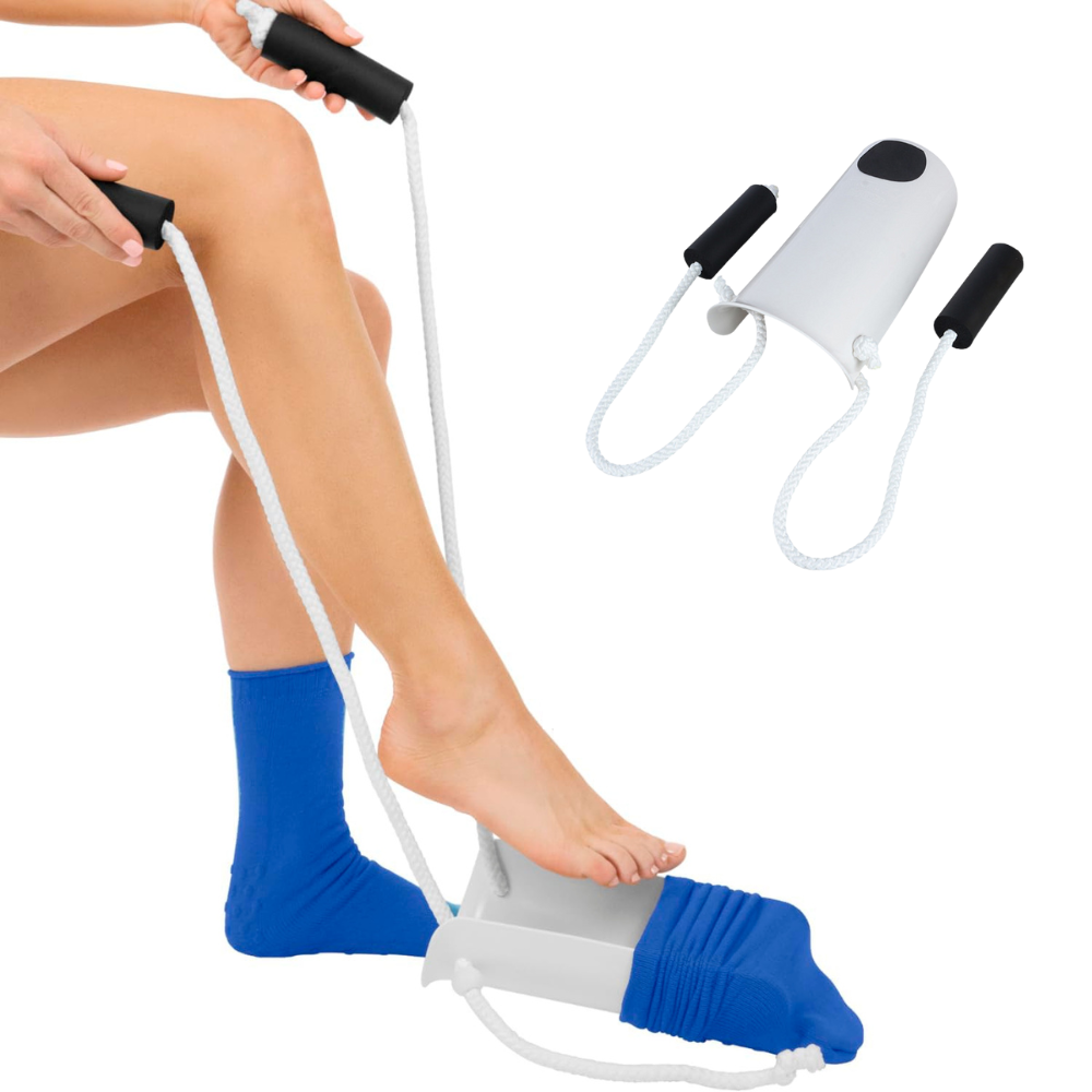 Sock Aid Applicator with Sponge Grip Frame and Pull Straps for Standing Application