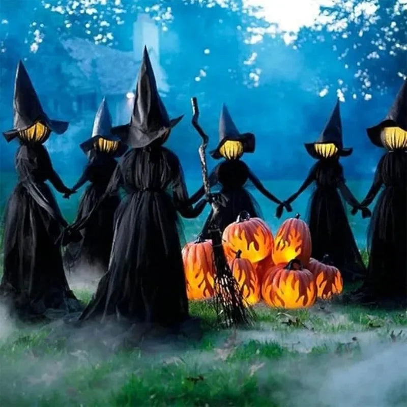 Glowing Witch Figures with Sound Activation and Flickering Lights, 59 Inch Height