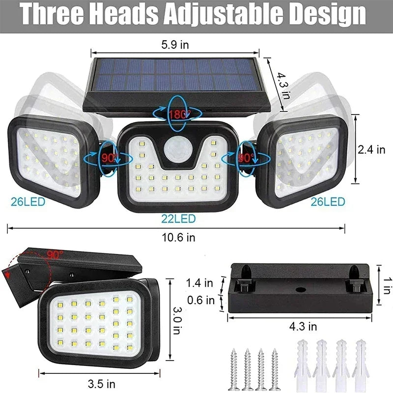 Motion Sensor Solar Light with 74 LEDs, a 270 Degree Lighting Angle and an Adjustable Head