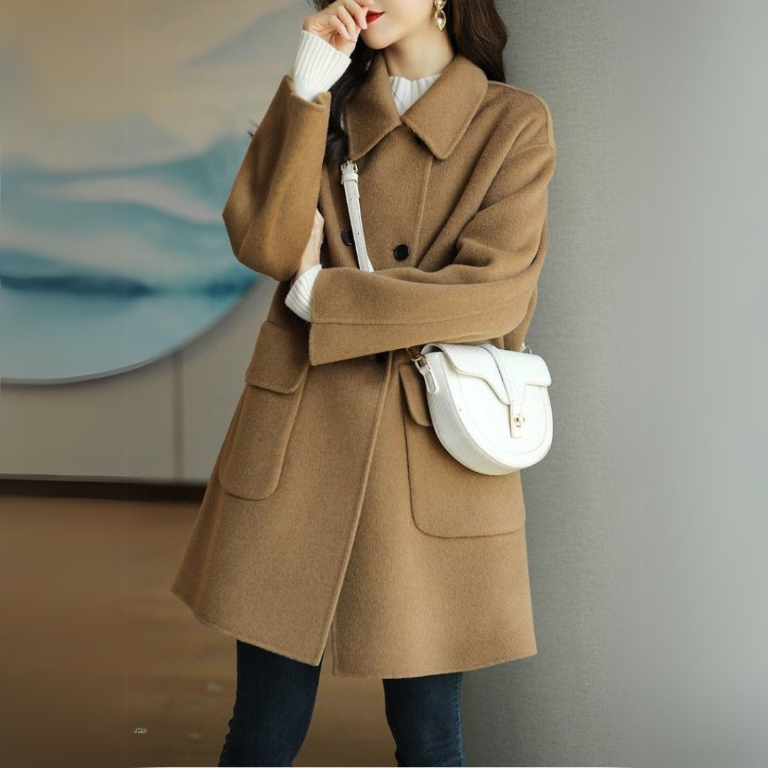 Formal Coat with Double Breasted Button Front and Structured Shoulders, Hip Pockets
