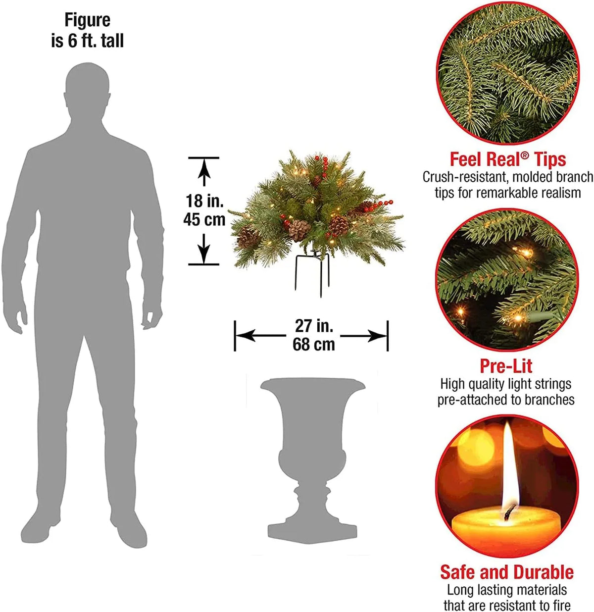 LED Urn Filler with 167 Evergreen Tips and 35 Warm White Lights, Battery Operated