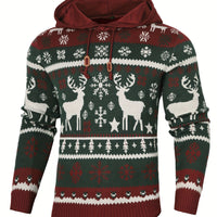 Christmas Hooded Sweater with Reindeer, Snowflake and Star Patterns and Drawstring Hood