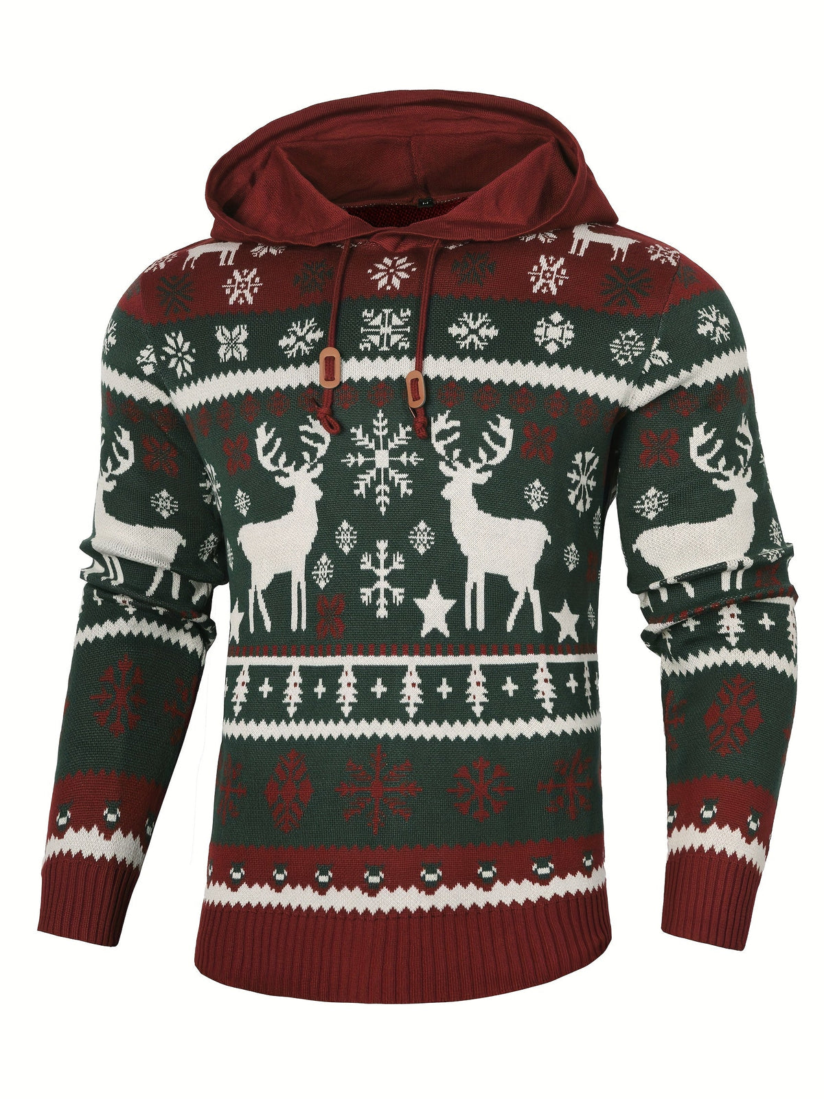 Christmas Hooded Sweater with Reindeer, Snowflake and Star Patterns and Drawstring Hood
