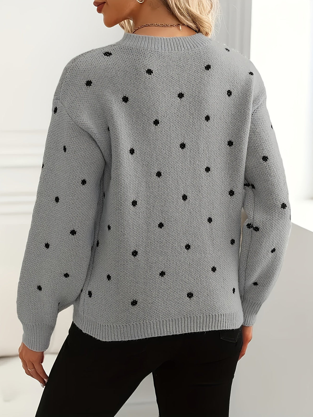 Polka Dot Crew Neck Sweater with Light Stretch and Soft Warm Knit for Fall and Winter
