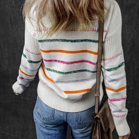 Striped Round Neck Sweater with Relaxed Fit and Soft Textured Feel in Cream Multicolor