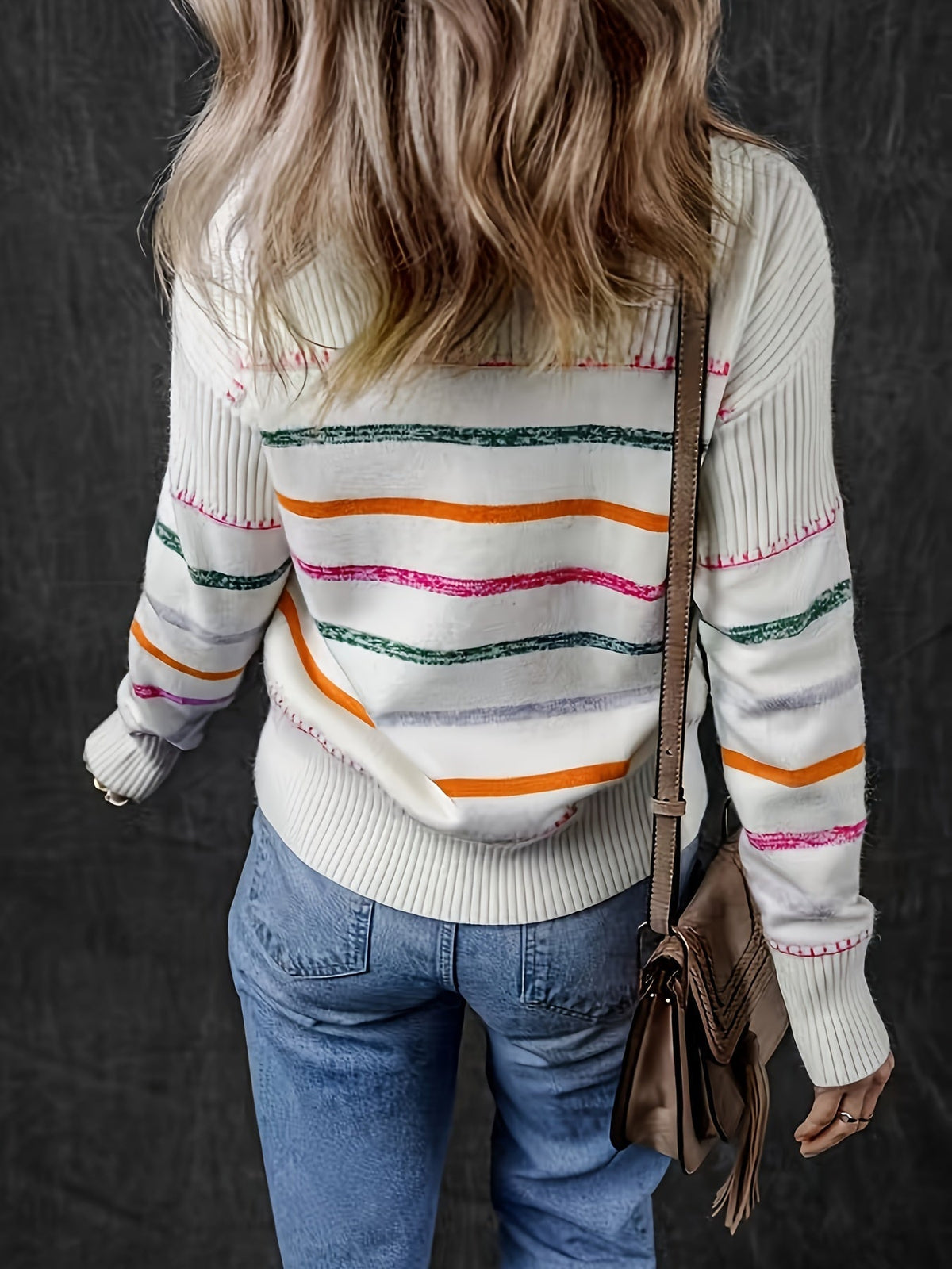 Striped Round Neck Sweater with Relaxed Fit and Soft Textured Feel in Cream Multicolor
