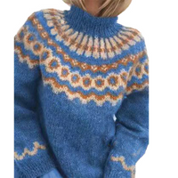 Fair Isle Knit Pullover Sweater in Wool Blend with Ribbed Cuffs for Cold Weather Layering