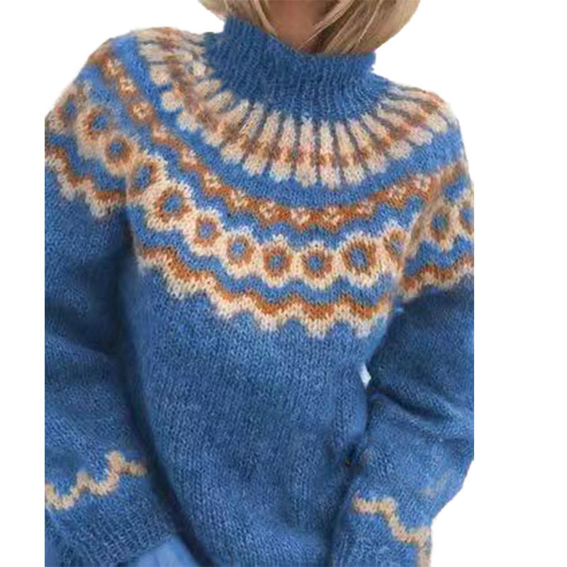 Fair Isle Knit Pullover Sweater in Wool Blend with Ribbed Cuffs for Cold Weather Layering
