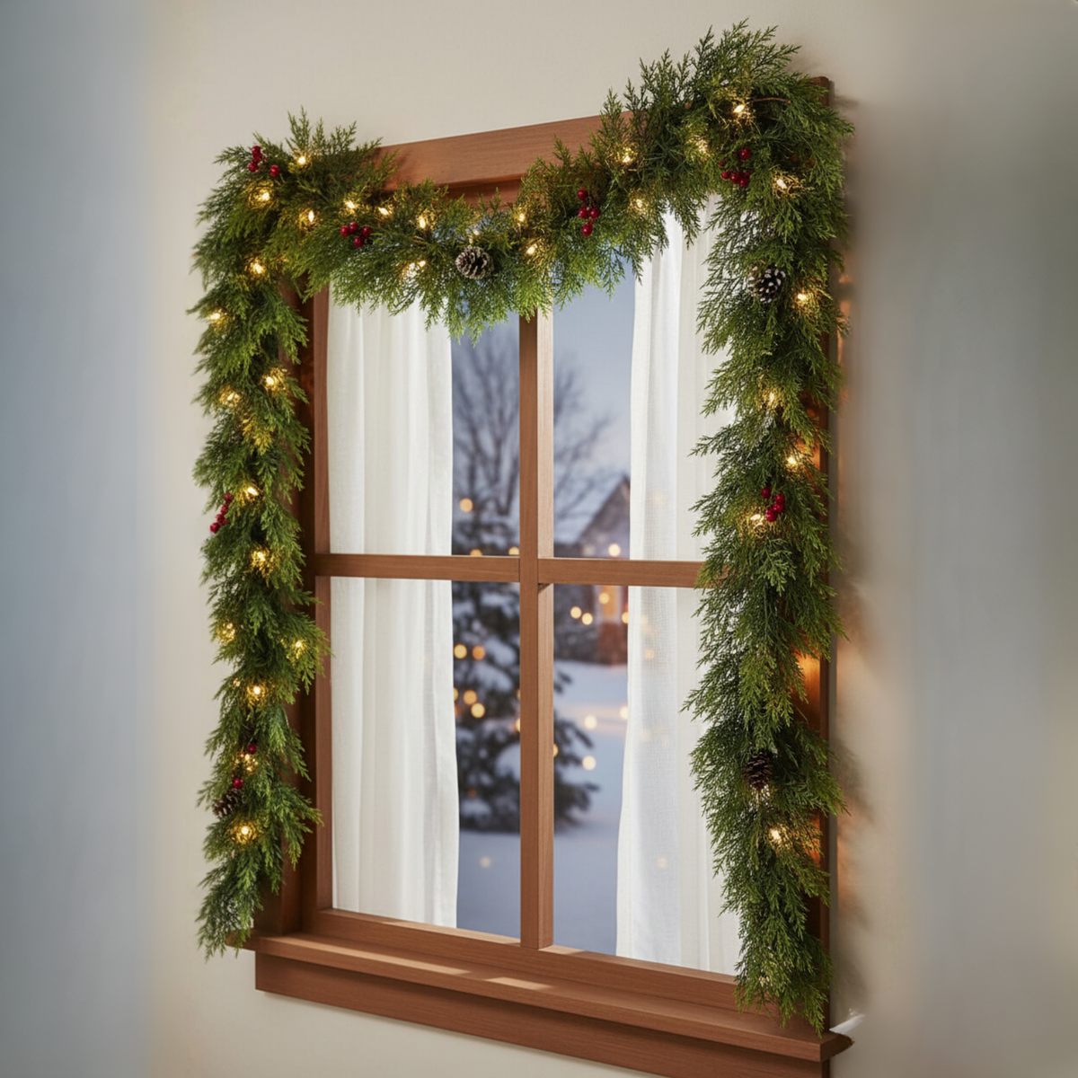 Thick Artificial Cedar Garland Set of 2 with Hanging Loops for Mantels and Staircases