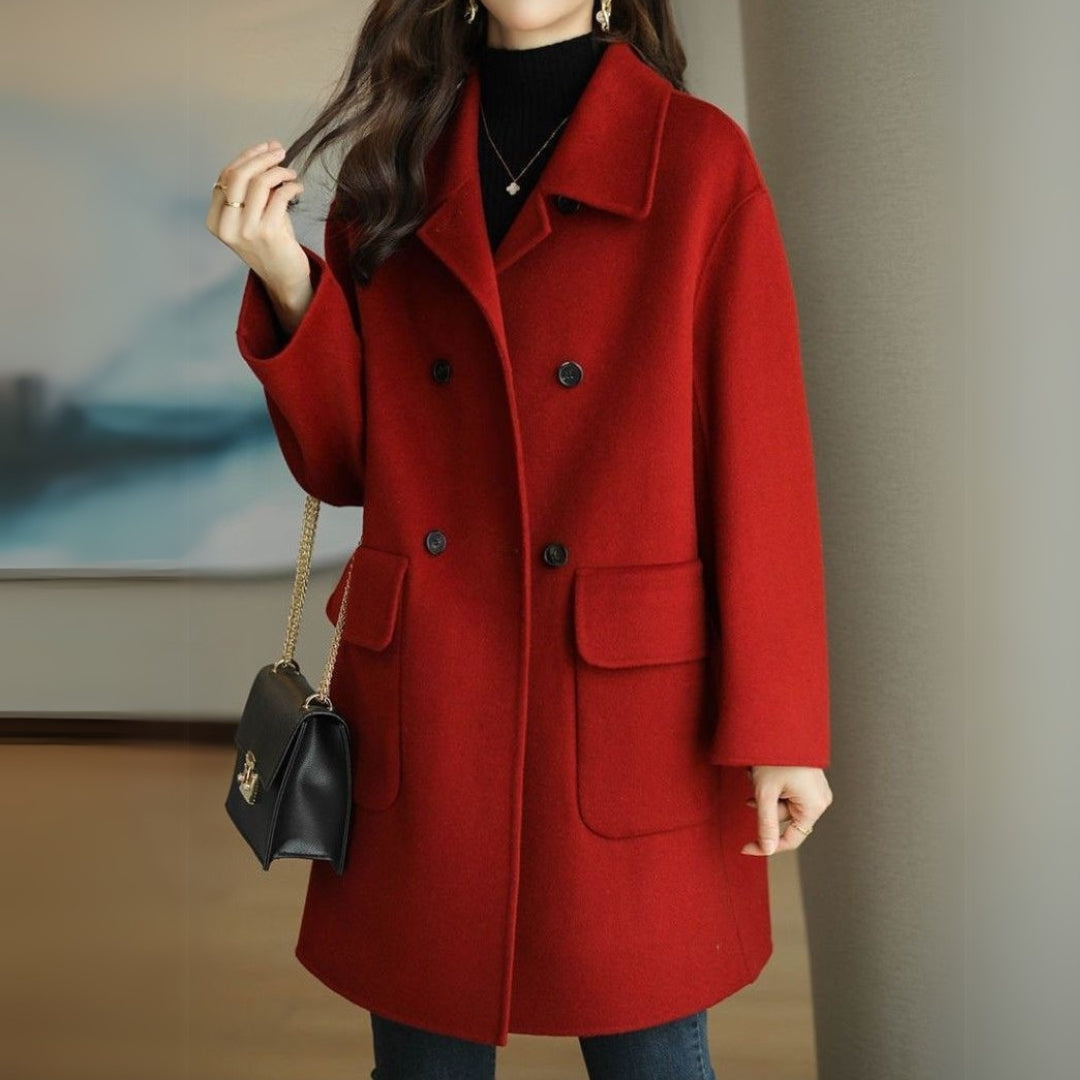 Formal Coat with Double Breasted Button Front and Structured Shoulders, Hip Pockets