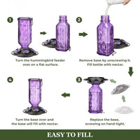 Glass Hummingbird Feeder with a 24 Ounce Capacity, Six Flower Shaped Ports and an Ant Moat in Red or Purple