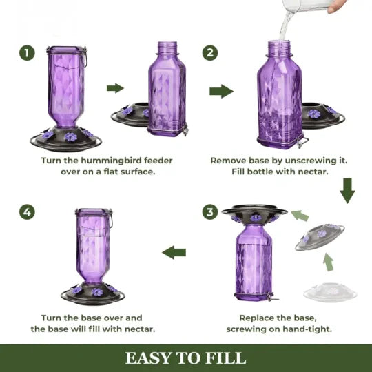 Glass Hummingbird Feeder with a 24 Ounce Capacity, Six Flower Shaped Ports and an Ant Moat in Red or Purple