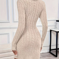 Pullover Cable Knit Dress with Crossover V Neckline and Side Button Details