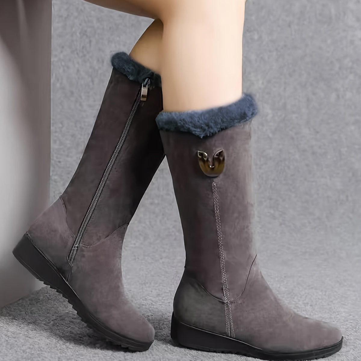 Womens Mid Calf Winter Boots with a Plush Cuff, Lining and Flat Sole in Black, Space Gray or Red Size 5