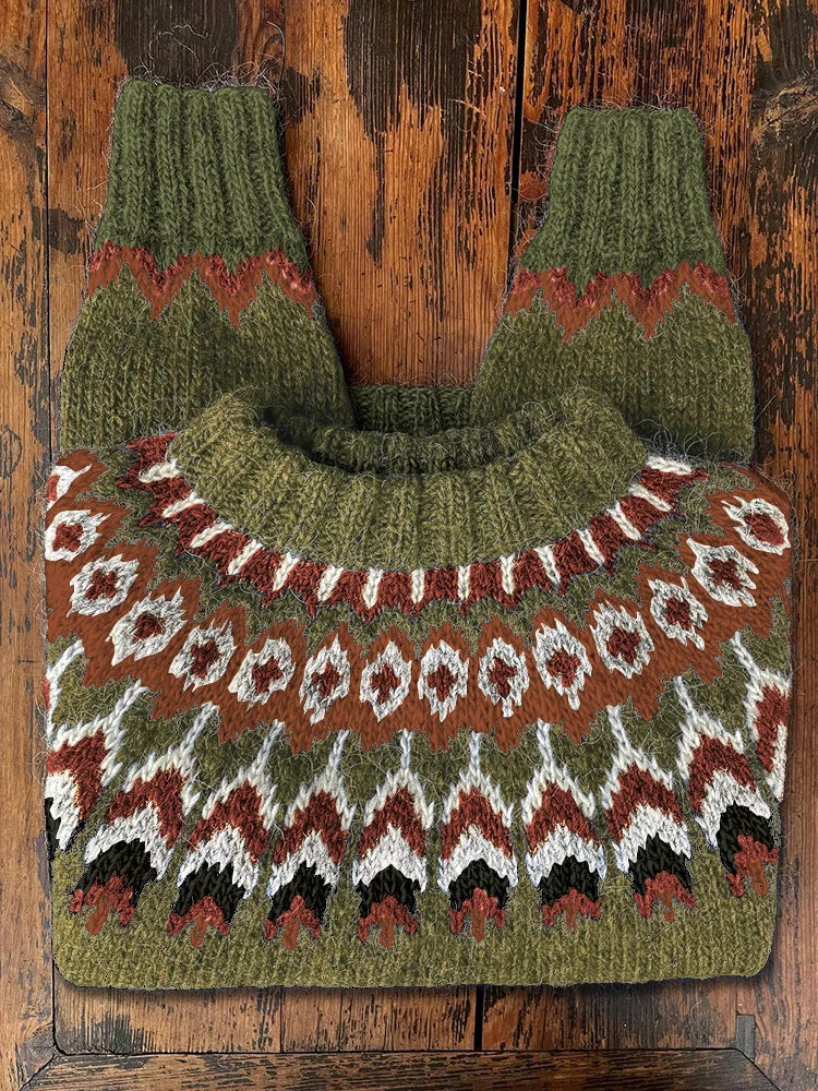 Fair Isle Knit Pullover Sweater in Wool Blend with Ribbed Cuffs for Cold Weather Layering