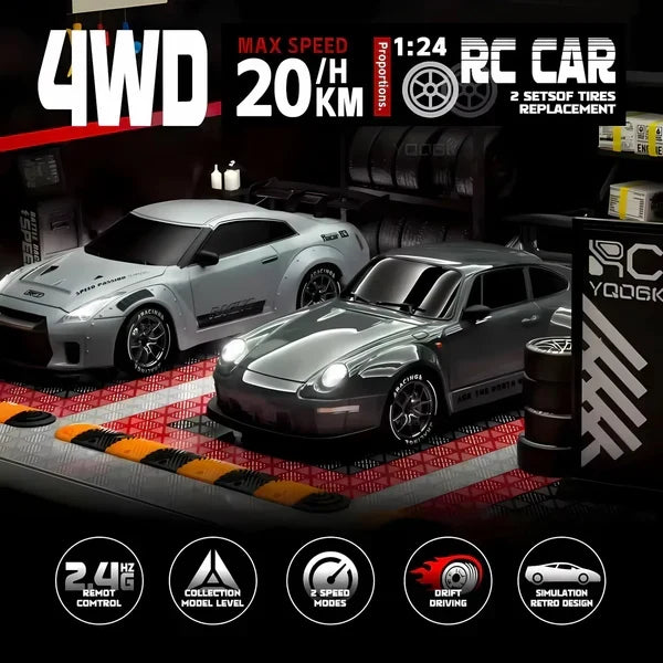 Four Wheel Drive Remote Control Car with LED Lights, Race and Drift Wheels and Mini Traffic Cones