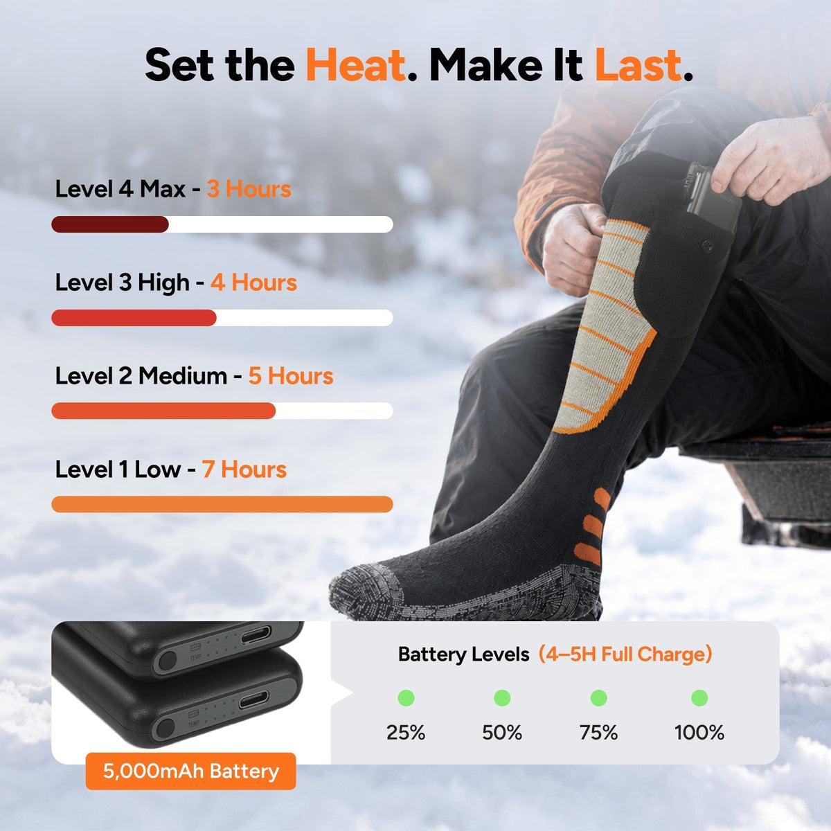 Heated Socks with Adjustable Temperature and Rechargeable Battery, Side Wrap Design