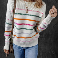 Striped Round Neck Sweater with Relaxed Fit and Soft Textured Feel in Cream Multicolor