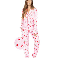 Womens Pink Santa Print Lapel Pajama Set for Christmas