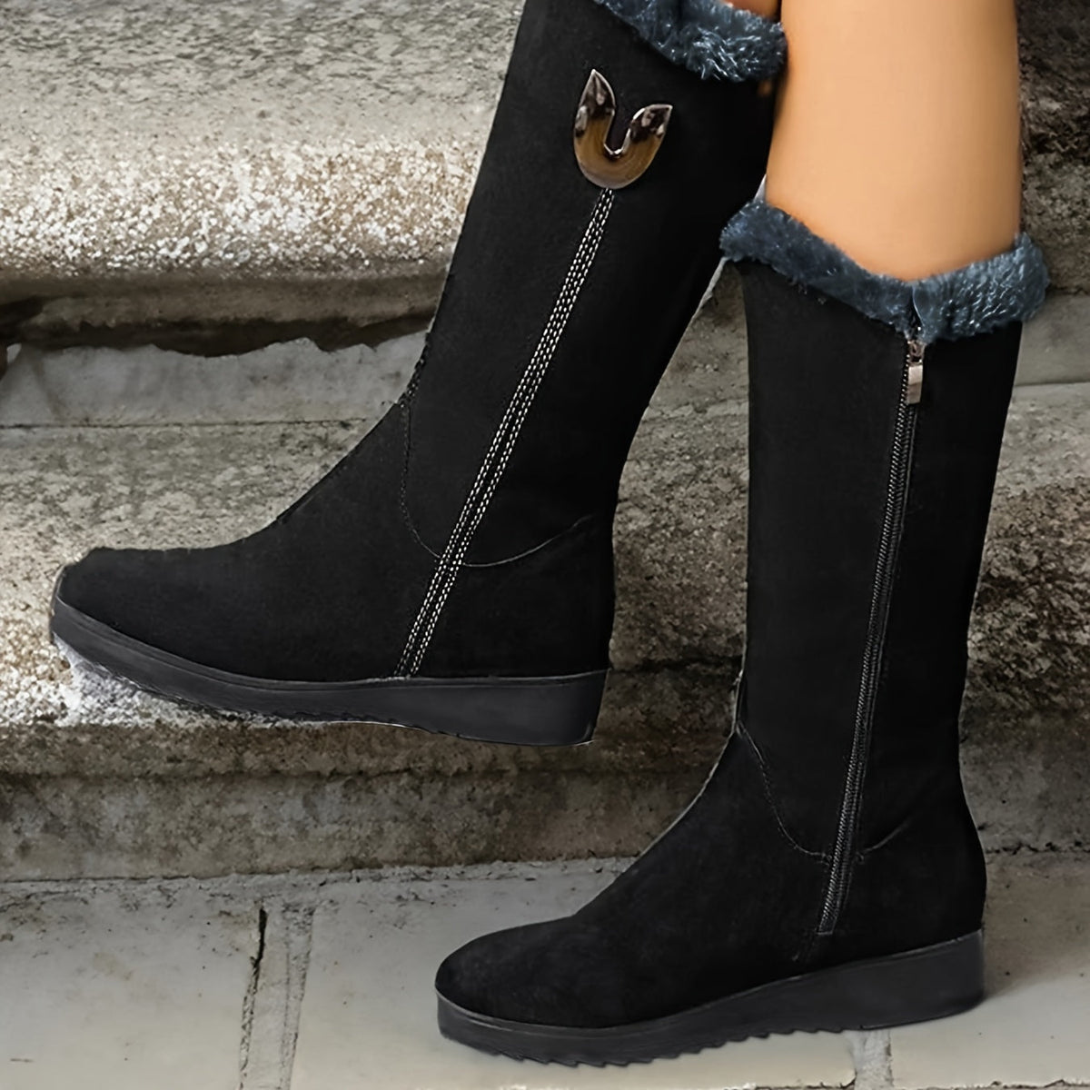 Womens Mid Calf Winter Boots with a Plush Cuff, Lining and Flat Sole in Black, Space Gray or Red Size 5