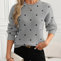 Polka Dot Crew Neck Sweater with Light Stretch and Soft Warm Knit for Fall and Winter