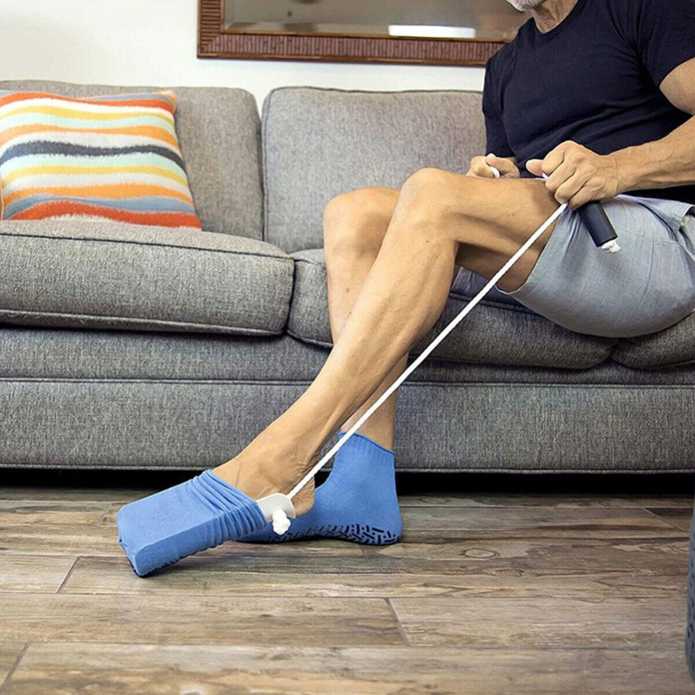 Sock Aid Applicator with Sponge Grip Frame and Pull Straps for Standing Application