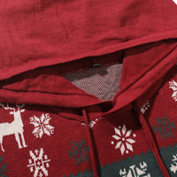 Christmas Hooded Sweater with Reindeer, Snowflake and Star Patterns and Drawstring Hood