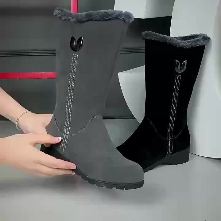 Womens Mid Calf Winter Boots with a Plush Cuff, Lining and Flat Sole in Black, Space Gray or Red Size 5