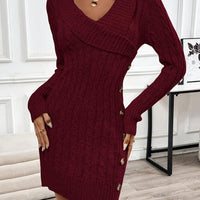 Pullover Cable Knit Dress with Crossover V Neckline and Side Button Details