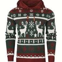 Christmas Hooded Sweater with Reindeer, Snowflake and Star Patterns and Drawstring Hood