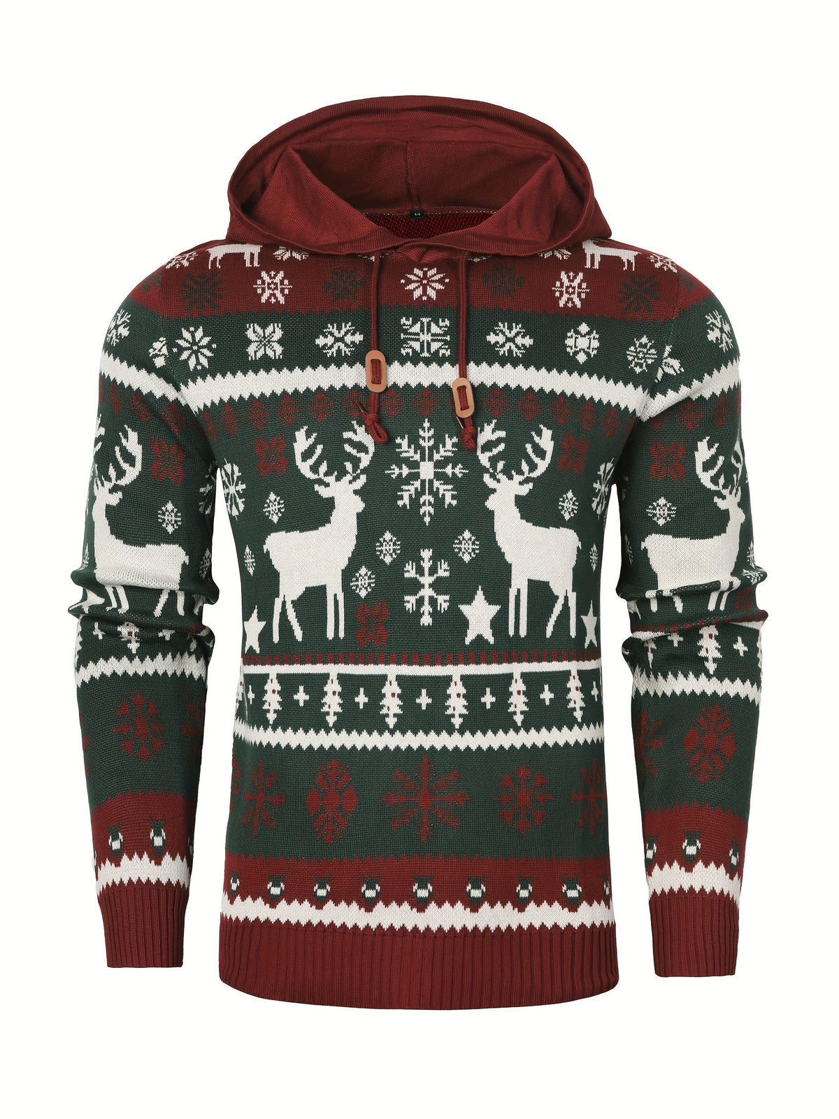 Christmas Hooded Sweater with Reindeer, Snowflake and Star Patterns and Drawstring Hood