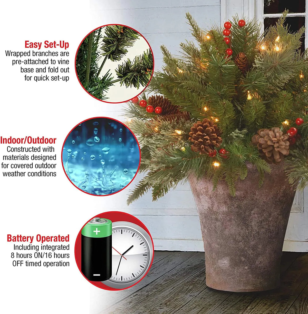 LED Urn Filler with 167 Evergreen Tips and 35 Warm White Lights, Battery Operated