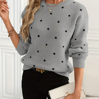 Polka Dot Crew Neck Sweater with Light Stretch and Soft Warm Knit for Fall and Winter