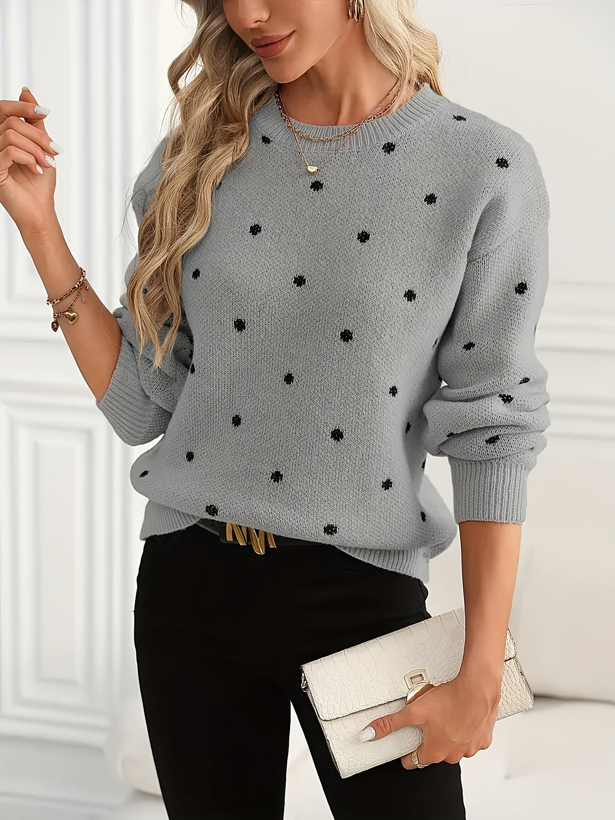 Polka Dot Crew Neck Sweater with Light Stretch and Soft Warm Knit for Fall and Winter
